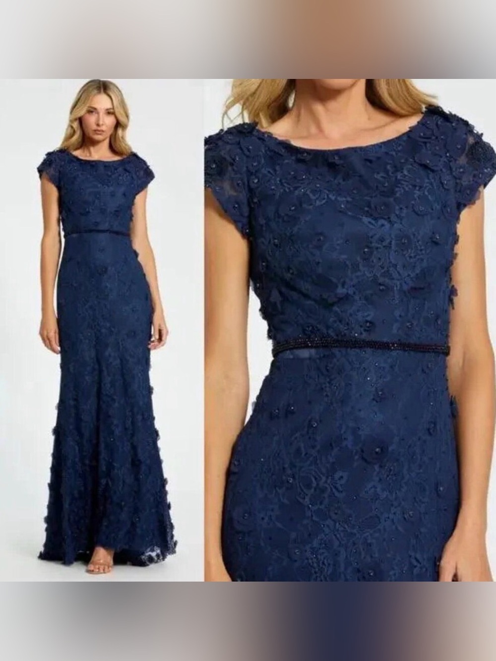NEW Mac Duggal 67711 Size 8 Blue Floral Applique Boat Neck Long Maxi Gown Dress